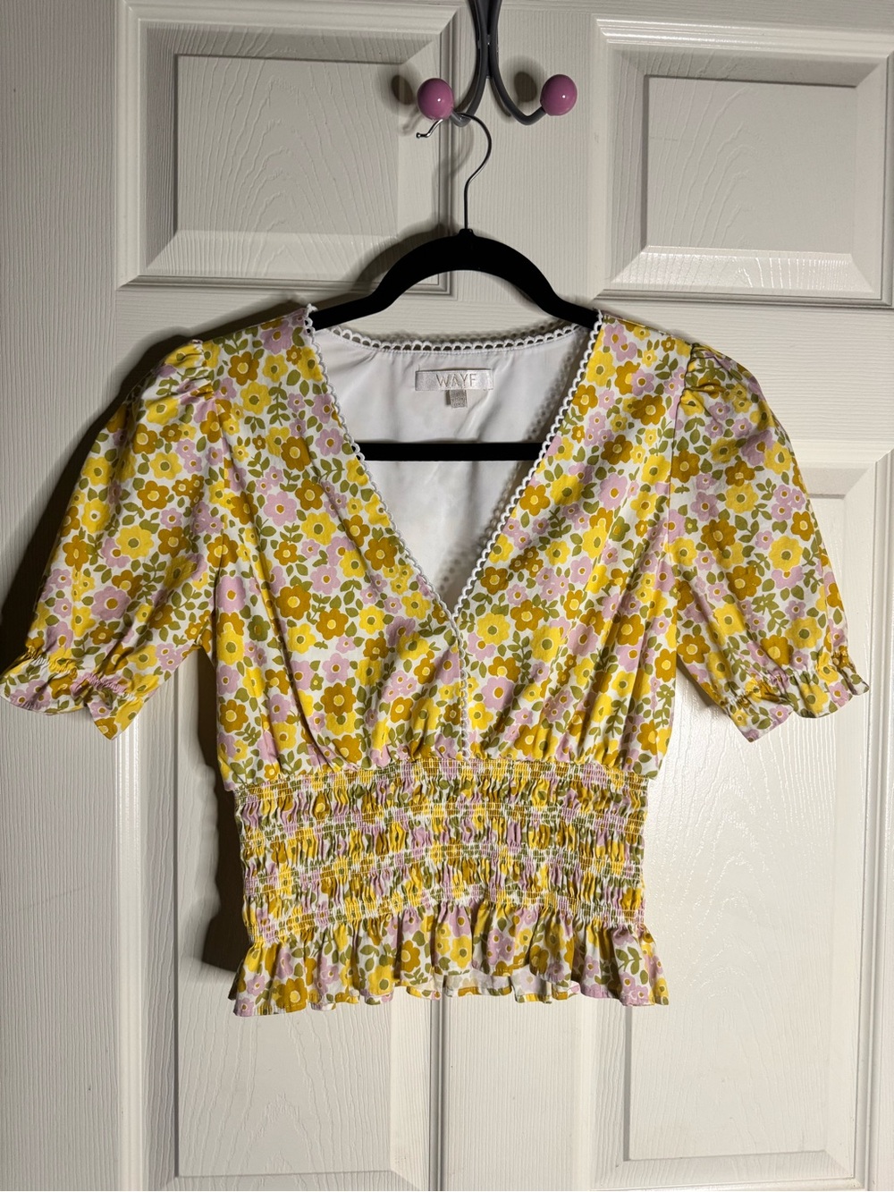 Wayf Yellow Floral Smocked V-Neck Crop Top with Pink Accents